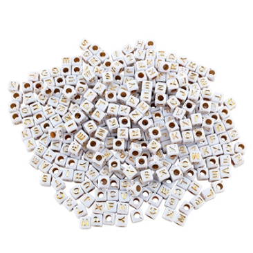 Plastic beads cube with letters, white with gold coloured writing, 6 x 6 x 6 mm, hole: 3.5 mm, mix with approx. 384 pcs.