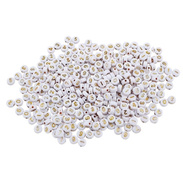 Perles en plastique, disque rond avec chiffres, blanc avec écriture dorée, 7 x 4 mm, perçage : 1,2 mm, mélange avec env. 340 perles