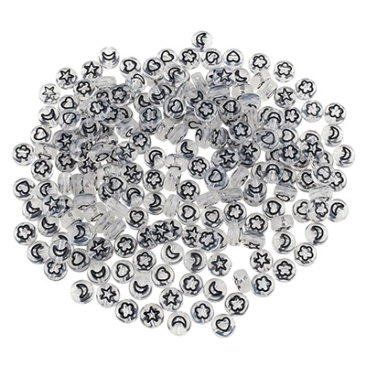 Mix de perles en plastique rond, transparent avec des symboles noirs : lune, coeur, fleur & étoile, 7 x 4 mm