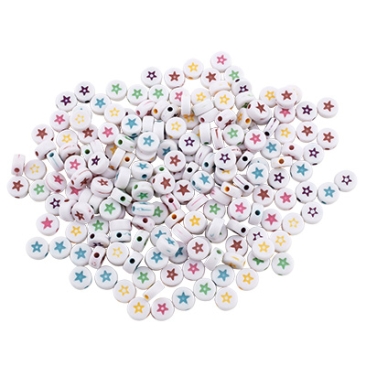 Mix plastic beads round disc,white with coloured stars, 7 x 3,5 mm