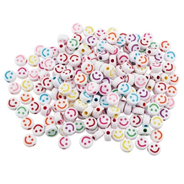 Mix plastic beads round disc smiley, coloured, 10 x 5 mm