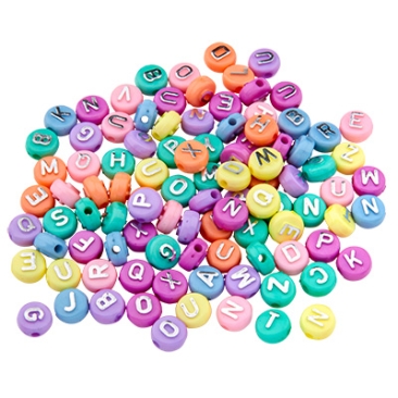 Mix plastic beads round disc with letters, coloured with silver writing, 10 x 6 mm