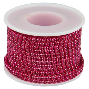 Brass kettle chain with rhinestones, colour: fuchsia, stone size 3 mm, length 9 metres
