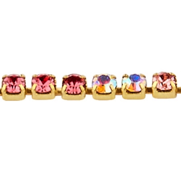 Messing kettinkje met strass-steentjes, goudkleurig, kleur: multicolour, steengrootte 2,2 mm, bundel met ca. 3,6 meter