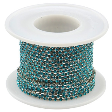 Brass kettle chain with rhinestones, silver-coloured, colour: Blue Zircon, 2 mm, length 9 metres