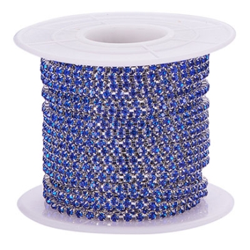 Brass kettle chain with rhinestones, silver-tone, colour: Sapphire, 2 mm, length 9 metres