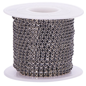 Brass kettle chain with rhinestones, silver-coloured, colour: Jet, 2 mm, length 9 metres