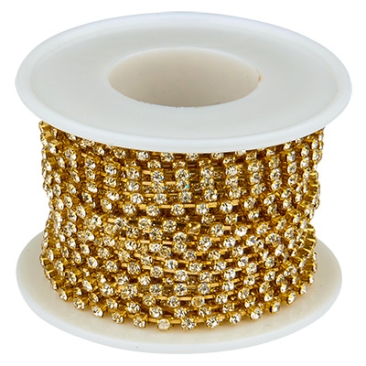 Brass kettle chain with rhinestones, gold-coloured, colour: Crystal, stone size approx. 2.3 mm, roll with approx. 9 metres
