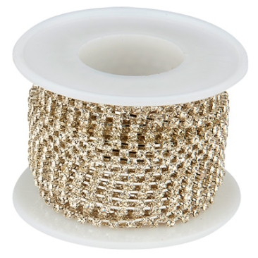 Brass kettle chain with rhinestones, silver-coloured, colour: crystal, stone size approx. 2.3 mm, roll with approx. 9 metres