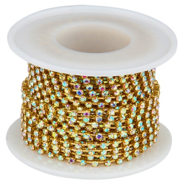 Messing kettinkje met strass, goudkleurig, kleur: Crystal AB, steengrootte ca. 2,3 mm, rol met ca. 9 meter
