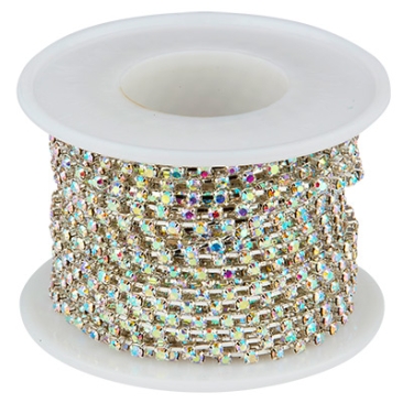 Brass kettle chain with rhinestones, silver-coloured, colour: Crystal AB, stone size approx. 2.3 mm, roll with approx. 9 metres