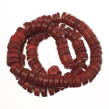 Perles de noix de coco, disque, 9 x 4 mm, rouge, écheveau