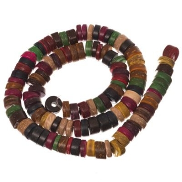 Coconut beads, disc, 9 x 4 mm, multicolour, strand