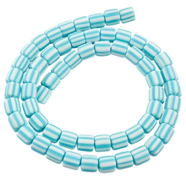 Katsuki Perlen Tonne, 7 x 6 mm, Farbe Hellblau-Weiß getsreift, Menge ein Strang