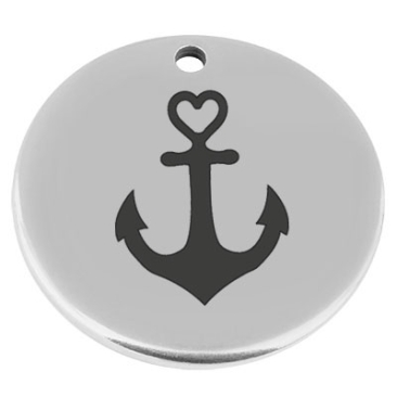 22 mm, metal pendant, round, with engraving "Anchor", silver-plated