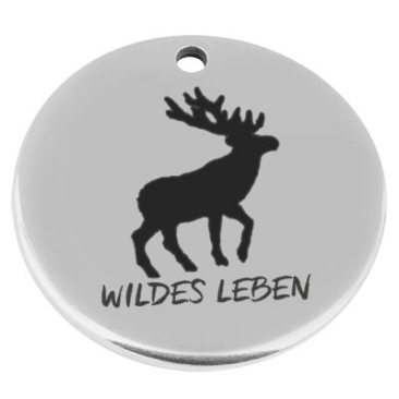 22 mm, metal pendant, round, with engraving "Wild Life", silver-plated