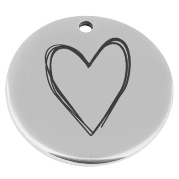 22 mm, Pendentif en métal, rond, avec gravure "cœur", argenté