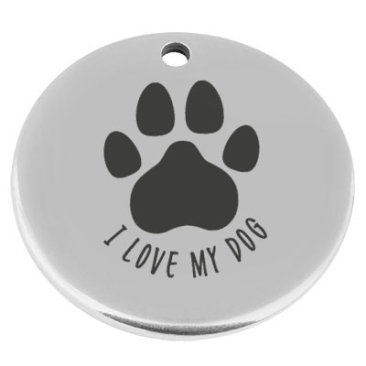 22 mm, metal pendant, round, with engraving "I love my dog", silver-plated