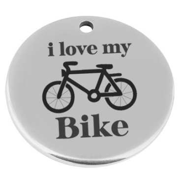 22 mm, metalen hanger, rond, met gravure "I love my bike", verzilverd