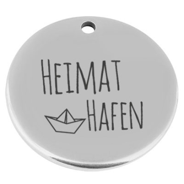 22 mm, metal pendant, round, with engraving "Heimathafen", silver-plated