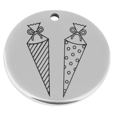 22 mm, metal pendant, round, with engraving "Schultüte", silver-plated