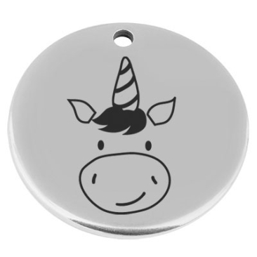 22 mm, metal pendant, round, with engraving "Unicorn", silver-plated