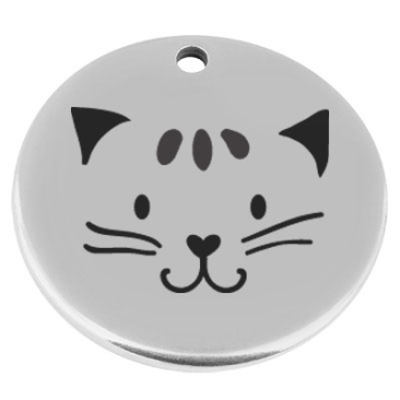 22 mm, Pendentif en métal, rond, avec gravure "chat", argenté