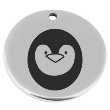 22 mm, Metallanhänger, rund, mit Gravur "Pinguin", versilbert