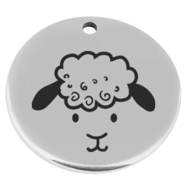 22 mm, metal pendant, round, with engraving "Sheep", silver-plated