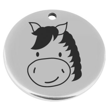 22 mm, metal pendant, round, with engraving "Horse", silver-plated