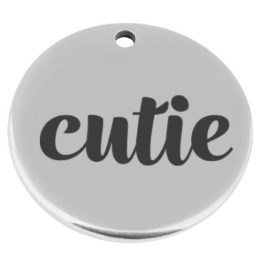 22 mm, metalen hanger, rond, met gravure "Cutie", verzilverd