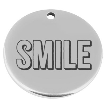 22 mm, Pendentif en métal, rond, avec gravure "Smile", argenté