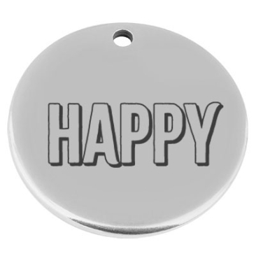 22 mm, Pendentif en métal, rond, avec gravure "Happy", argenté
