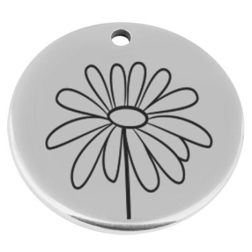 22 mm, Metallanhänger, rund, mit Gravur Geburtsblume Monat April Gänseblümchen, versilbert