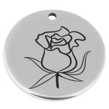 22 mm, Metallanhänger, rund, mit Gravur Geburtsblume Monat Juni Rose, versilbert