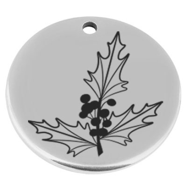 22 mm, Metallanhänger, rund, mit Gravur Geburtsblume Monat Dezember Stechpalme, versilbert