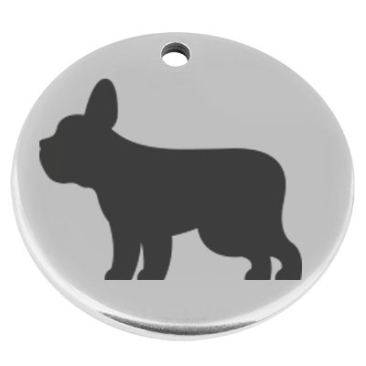 22 mm, Metallanhänger, rund, mit Gravur Hunderasse "Französische Bulldogge", versilbert