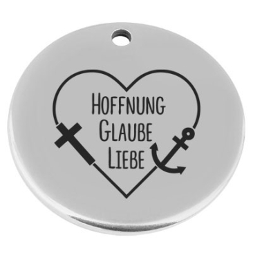22 mm, Metallanhänger, rund, mit Gravur "Glaube, Liebe, Hoffnung", versilbert