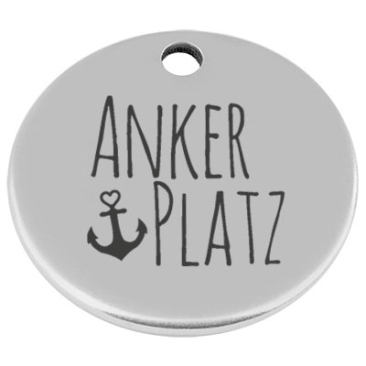 25 mm, metal pendant, round, with engraving "Anchor place", silver-plated
