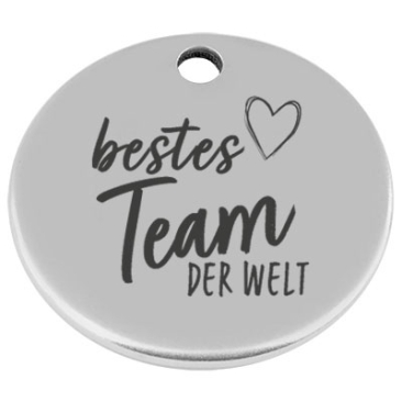 25 mm, metal pendant, round, with engraving "Best team in the world", silver-plated