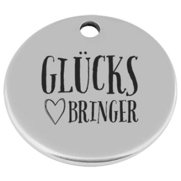 25 mm, metal pendant, round, with engraving "Glücksbringer", silver-plated