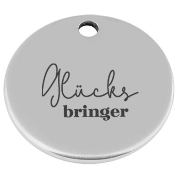 25 mm, metal pendant, round, with engraving "Glücksbringer", silver-plated