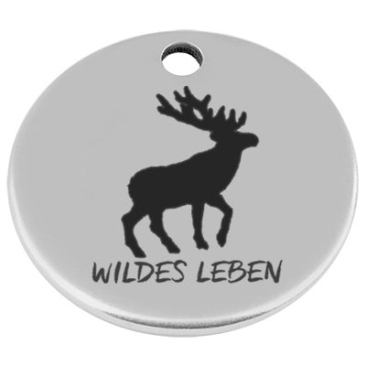 25 mm, metal pendant, round, with engraving "Wild Life", silver-plated