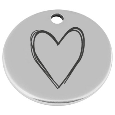 25 mm, Pendentif en métal, rond, avec gravure "cœur", argenté