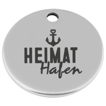 25 mm, metalen hanger, rond, met gravure "Heimathafen", verzilverd