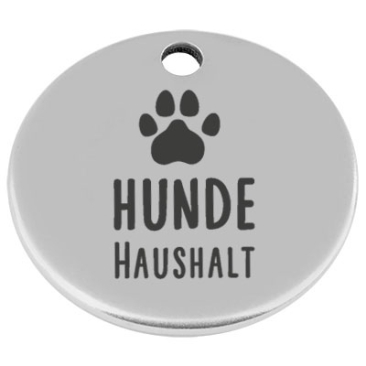 25 mm, metalen hanger, rond, met gravure "Hond huishouding", verzilverd