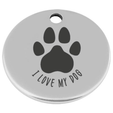 25 mm, metal pendant, round, with engraving "I love my dog", silver-plated