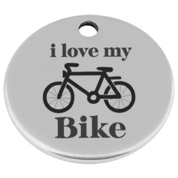 25 mm, Pendentif métal, rond, avec gravure "I love my bike", argenté