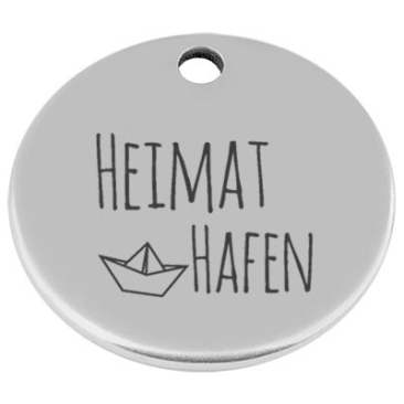 25 mm, metal pendant, round, with engraving "Heimathafen", silver-plated