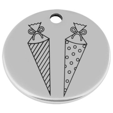 25 mm, metal pendant, round, with engraving "Schultüte", silver-plated